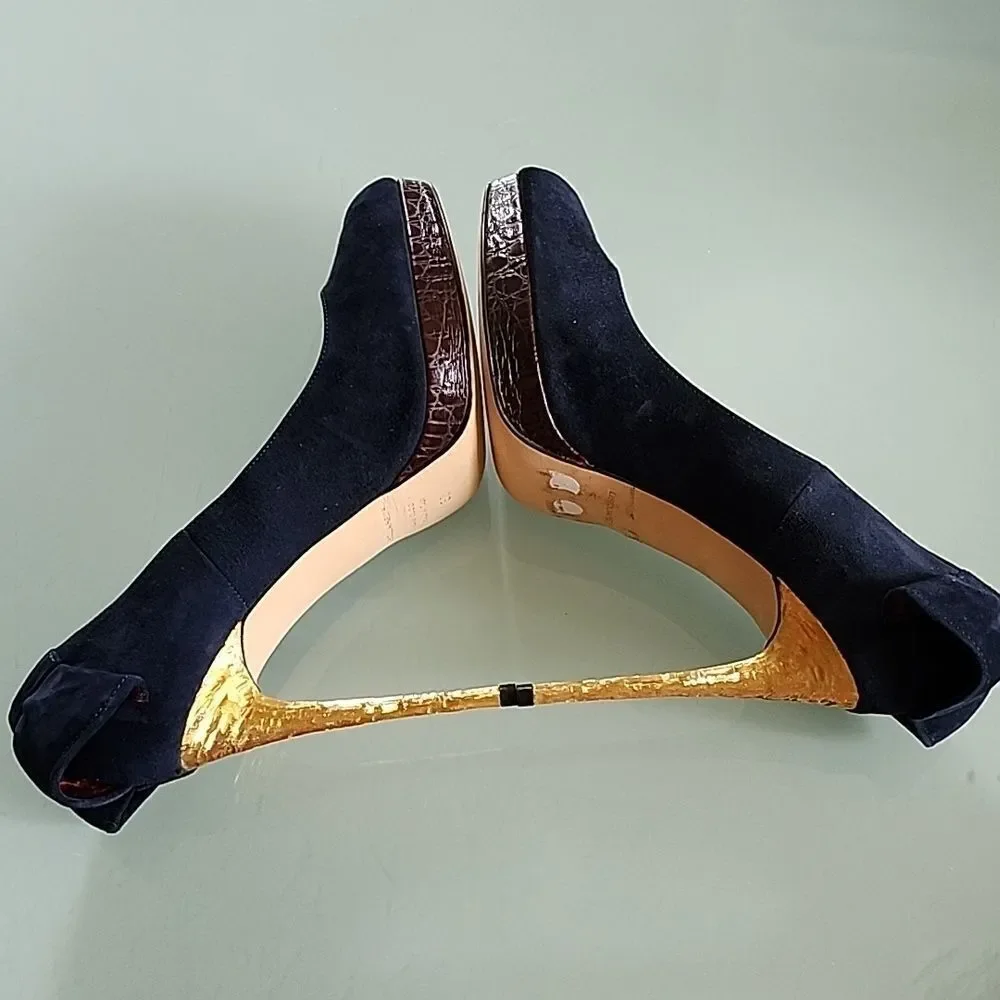 DSQUARED2 New Blue‎ Velvet Peep Toe Textured Gold Stiletto Heels Size 7.5